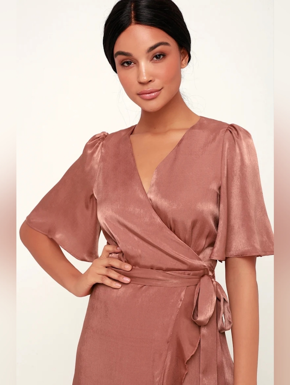 IVY CITY NWOT Wrapped Up In Love Mauve Satin Faux-Wrap Midi Dress SIZE 1X - Picture 3 of 5